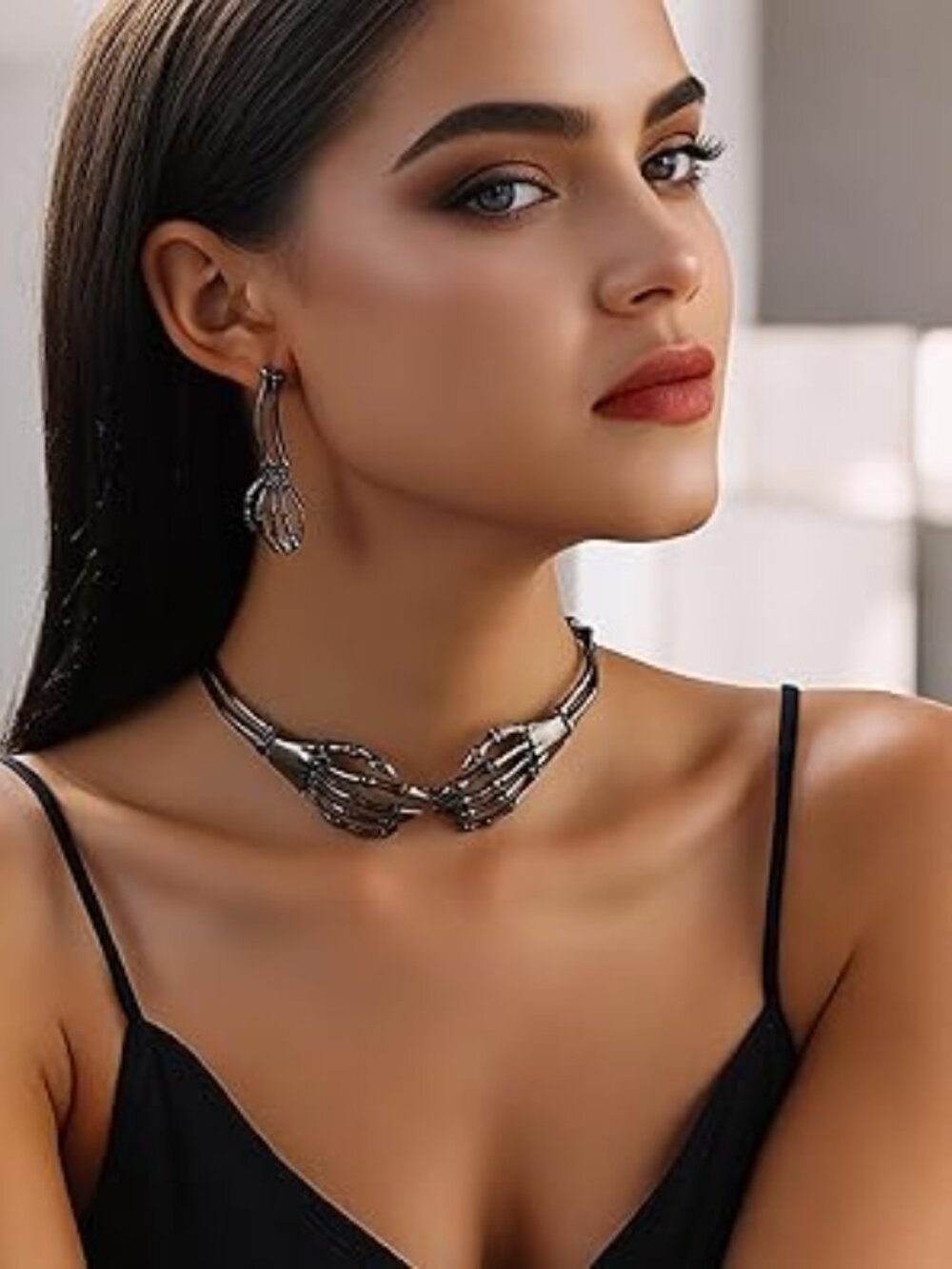 Gothic Skeleton Necklace Earrings Set for Women Halloween Skeleton Hand Skull Ch